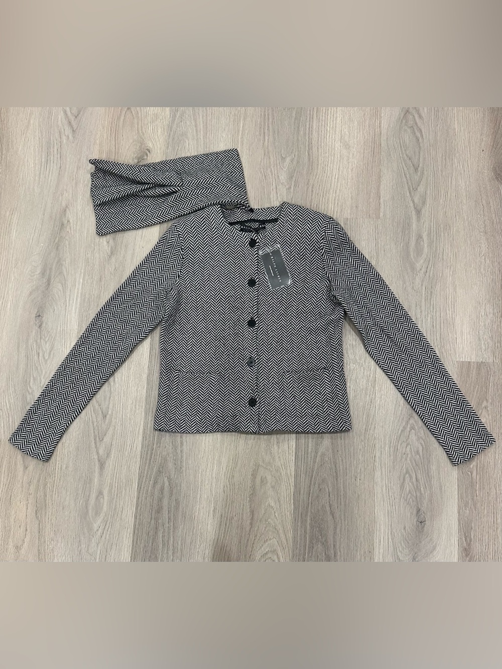 NWT Ralph Lauren 100% Cashmere Herringbone Cardigan Jacket Scarf Collar L
